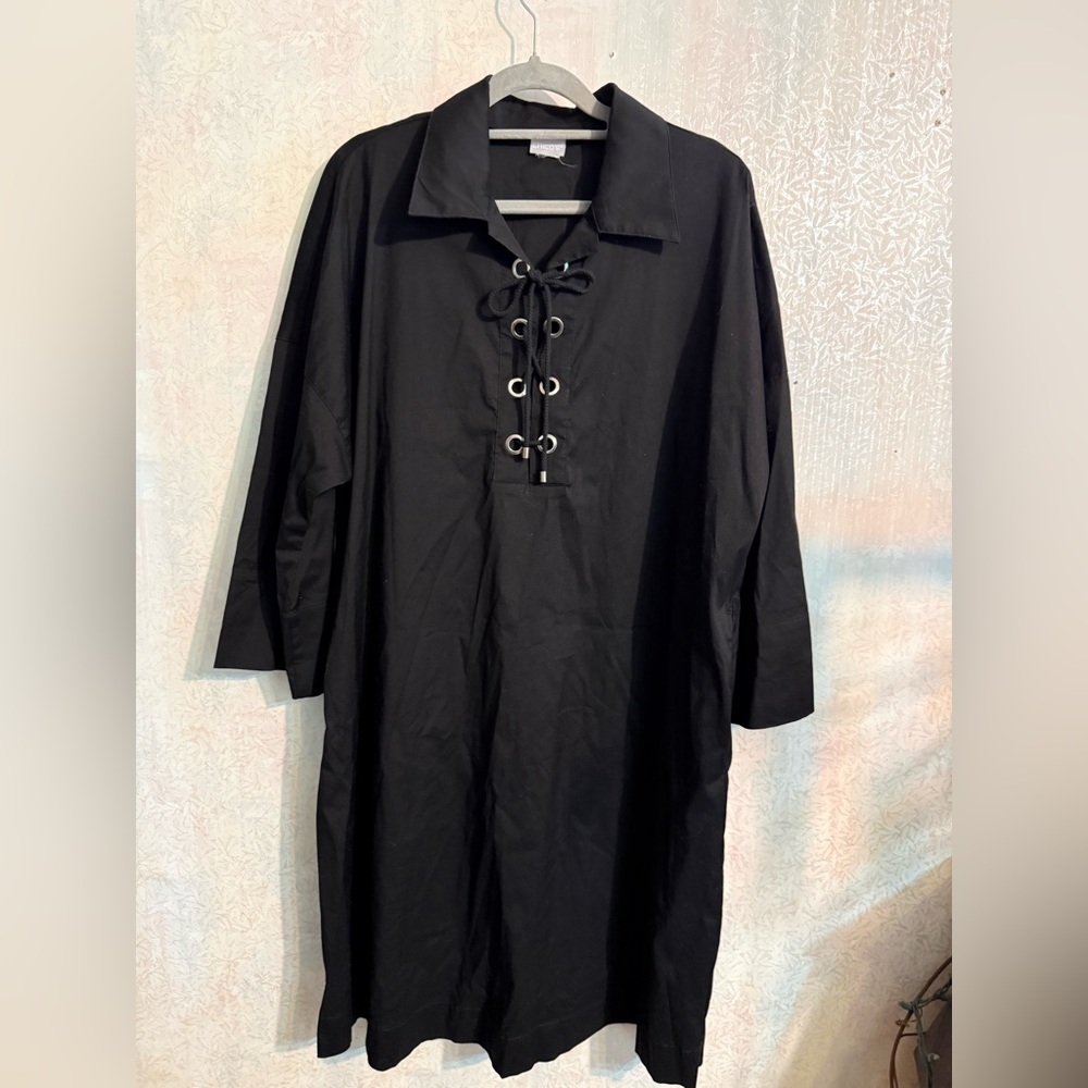 Chico's Black Lace-Up Collar Casual Lace Up Grommet Front, Two Pockets, See PTP